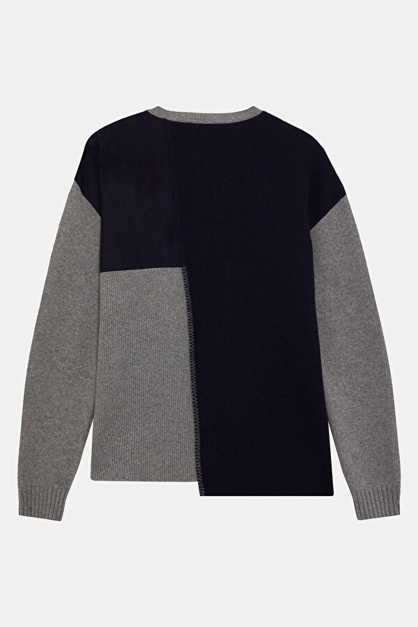Navy Blue Men's Wool Knit Sweater with Trim Details 2
