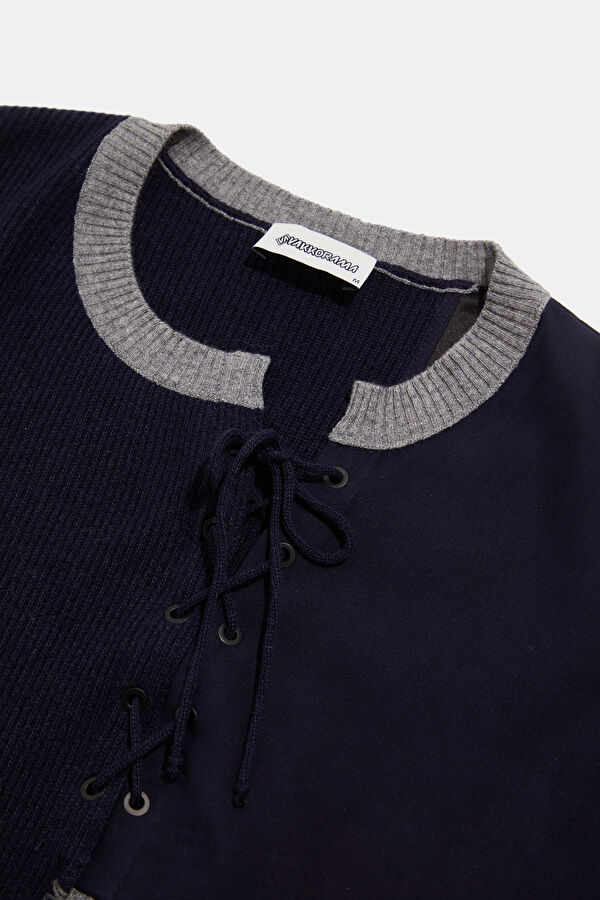 Navy Blue Men's Wool Knit Sweater with Trim Details 3