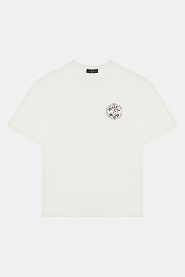 Relax Fit Ecru Bicycle Collar Printed Tshirt