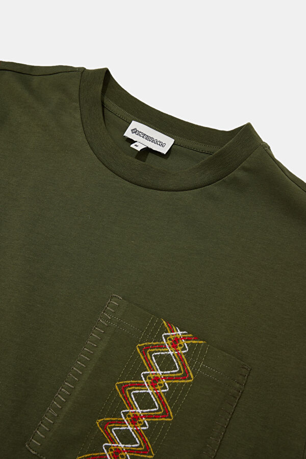 Khaki Crew Neck Embroidered Men's T-Shirt 6
