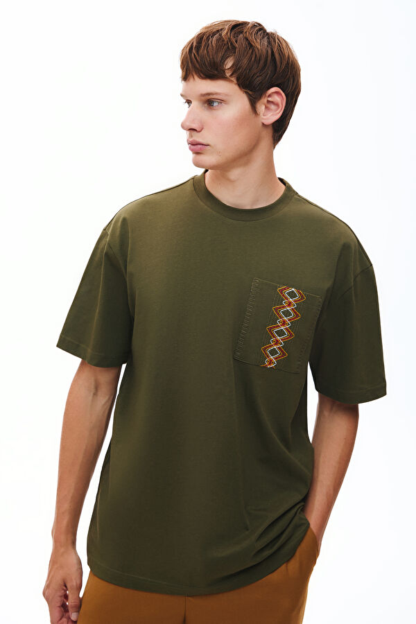 Khaki Crew Neck Embroidered Men's T-Shirt