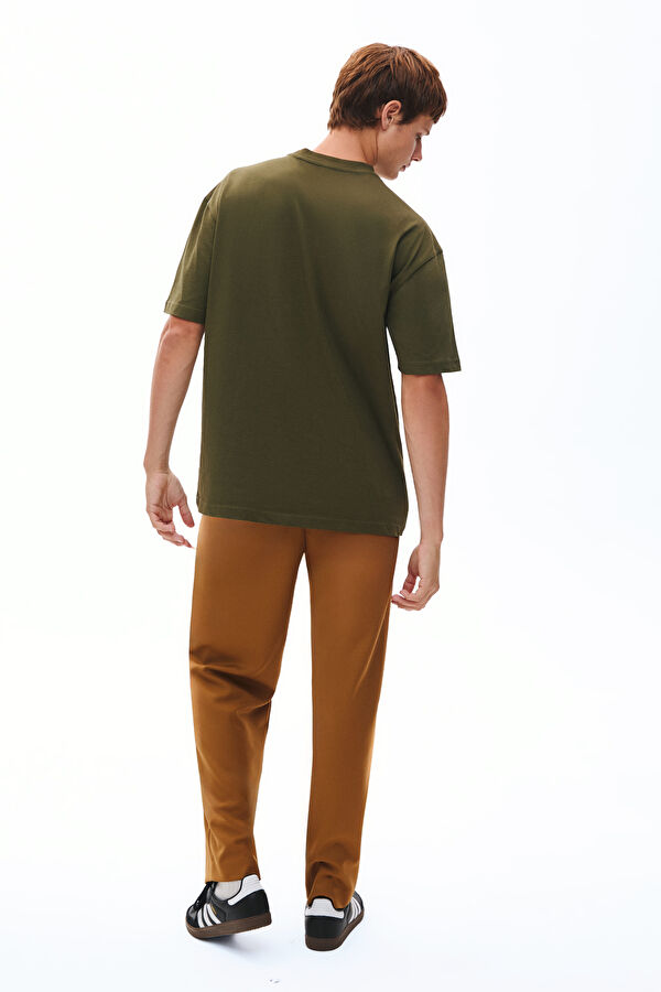Khaki Crew Neck Embroidered Men's T-Shirt 2
