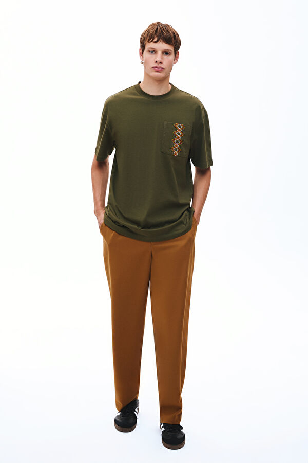 Khaki Crew Neck Embroidered Men's T-Shirt 3