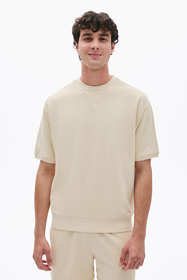 Relax Kalıp Bej Bisiklet Yaka Erkek T-Shirt