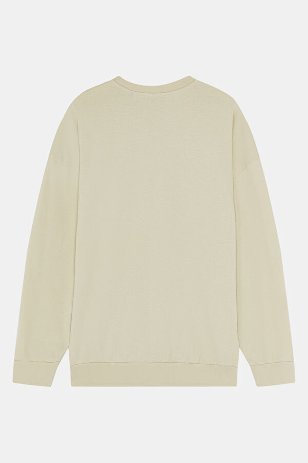 Bej Relax Kalıp Bisiklet Yaka Erkek Sweatshirt 2