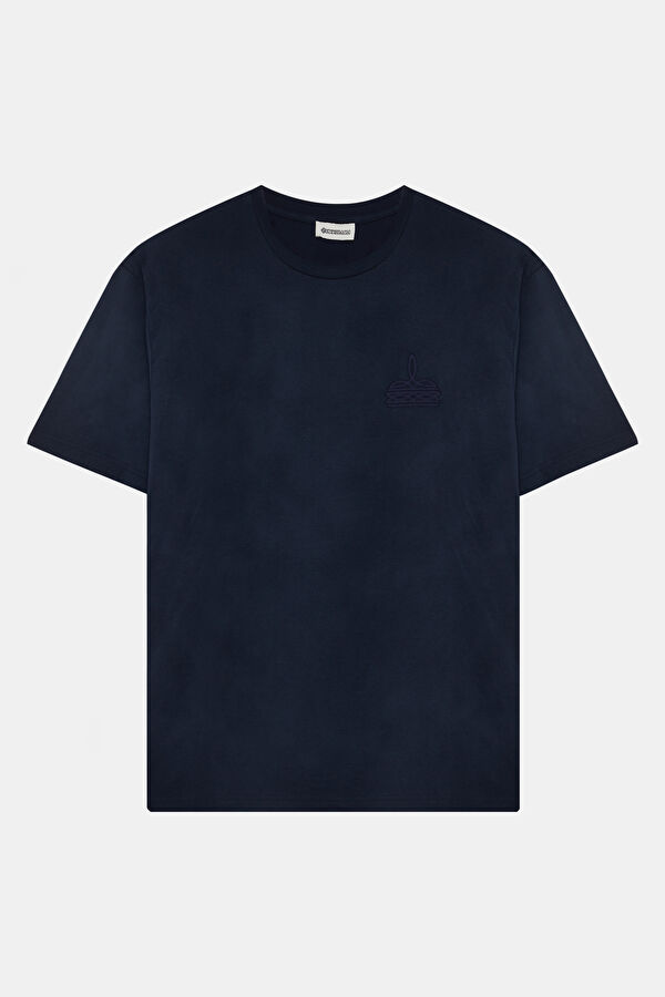 Lacivert Bisiklet Yaka Nakışlı Erkek T-Shirt 4