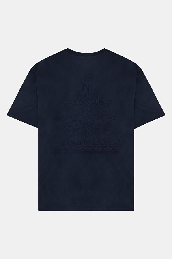 Lacivert Bisiklet Yaka Nakışlı Erkek T-Shirt 5