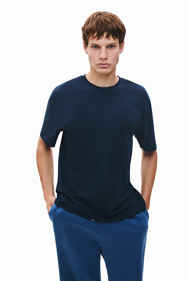 Lacivert Bisiklet Yaka Nakışlı Erkek T-Shirt