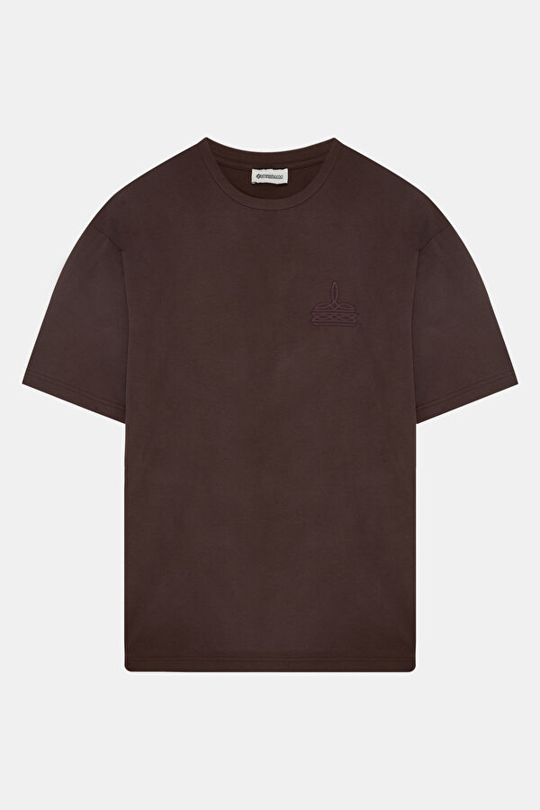 Kahve Bisiklet Yaka Nakışlı Erkek T-Shirt 4
