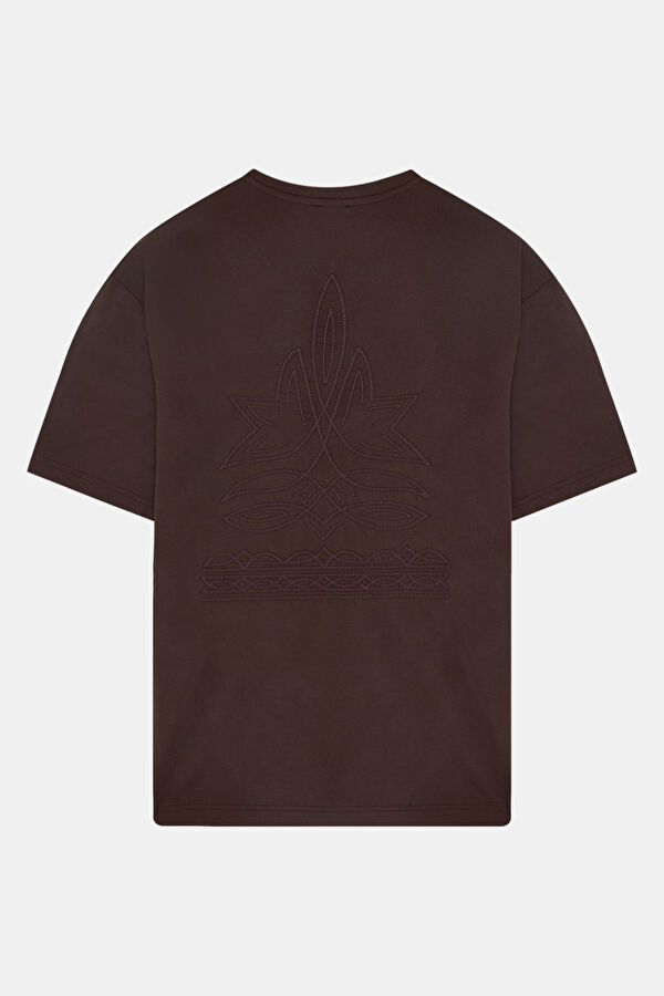 Kahve Bisiklet Yaka Nakışlı Erkek T-Shirt 5