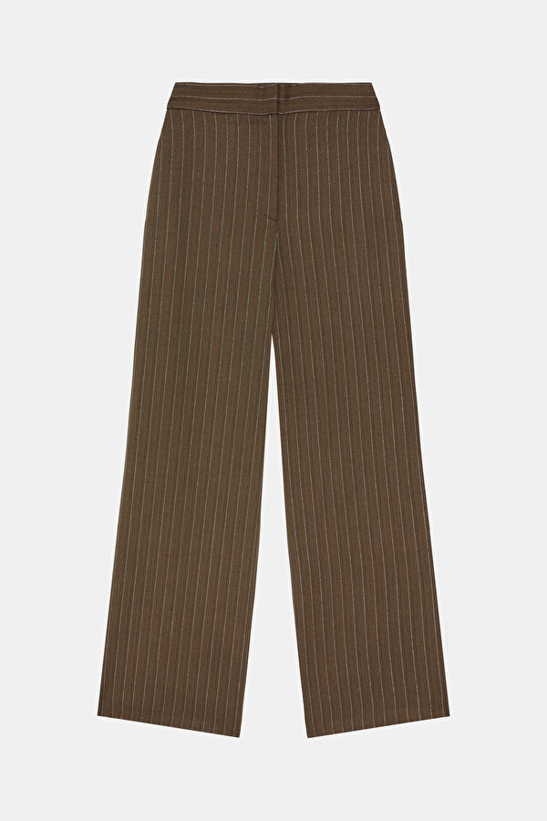 Coffee-colored, straight-leg women's trousers.