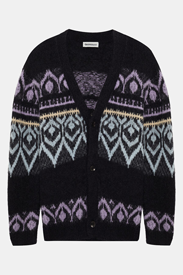 Black Patterned Alpaca Wool Knit Men's Cardigan