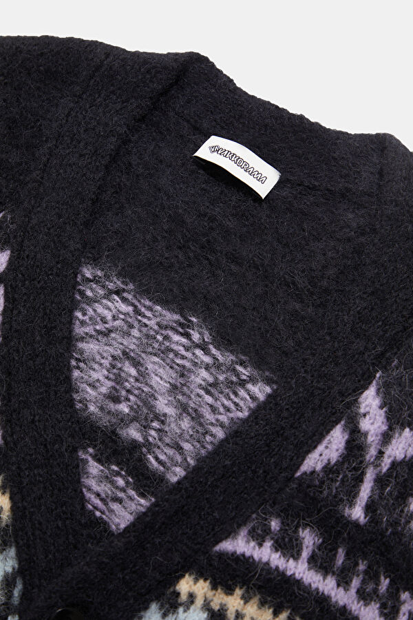 Black Patterned Alpaca Wool Knit Men's Cardigan 3