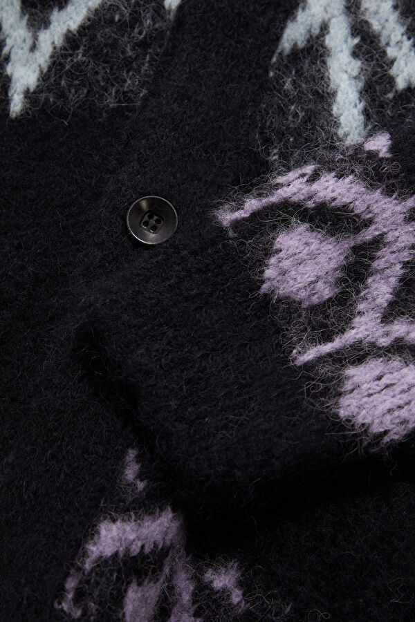 Black Patterned Alpaca Wool Knit Men's Cardigan 4
