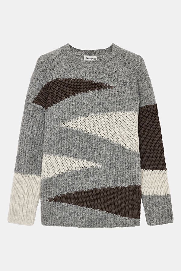 Grey Knitted Pattern Wool Sweater for Men 4