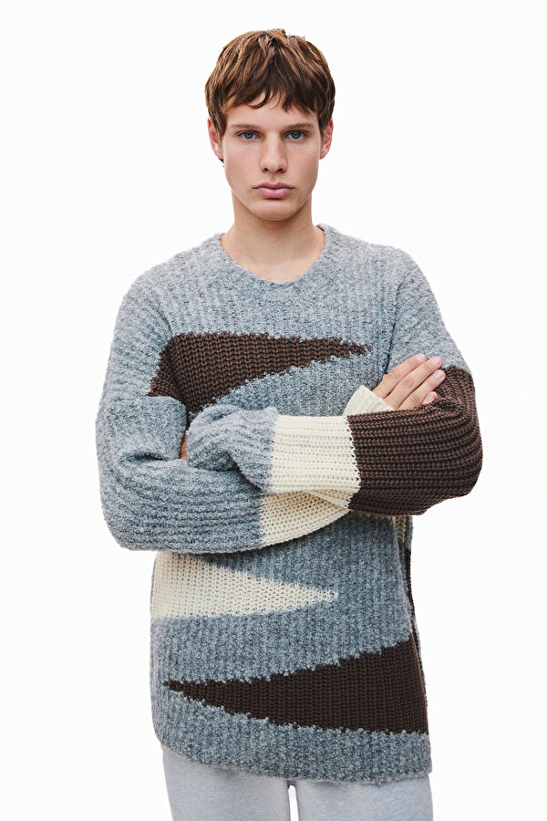 Grey Knitted Pattern Wool Sweater for Men