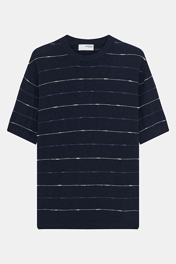 Lacivert Bisiklet Yaka Çizgili Keten Pamuk Erkek T-Shirt
