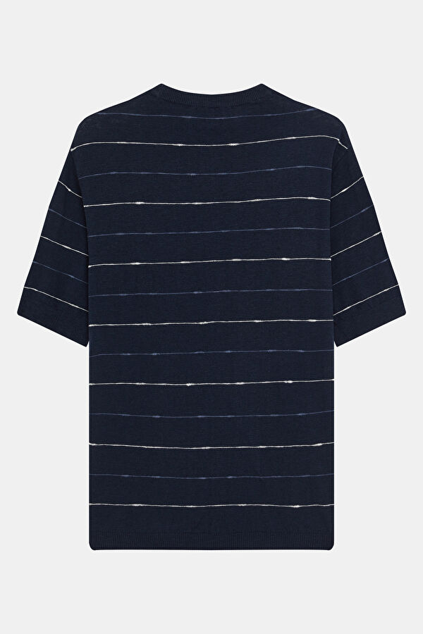 Lacivert Bisiklet Yaka Çizgili Keten Pamuk Erkek T-Shirt 2
