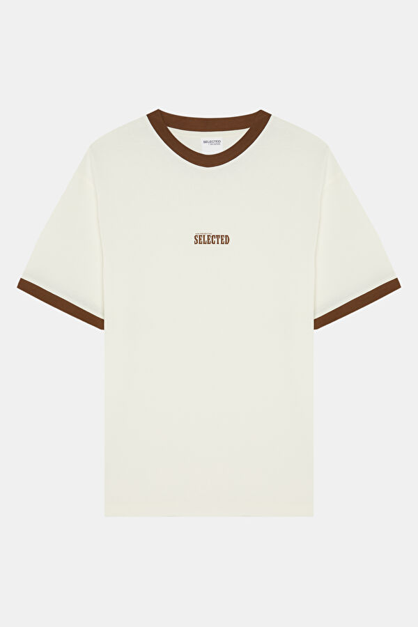 Krem Bisiklet Yaka Baskılı Erkek T-Shirt