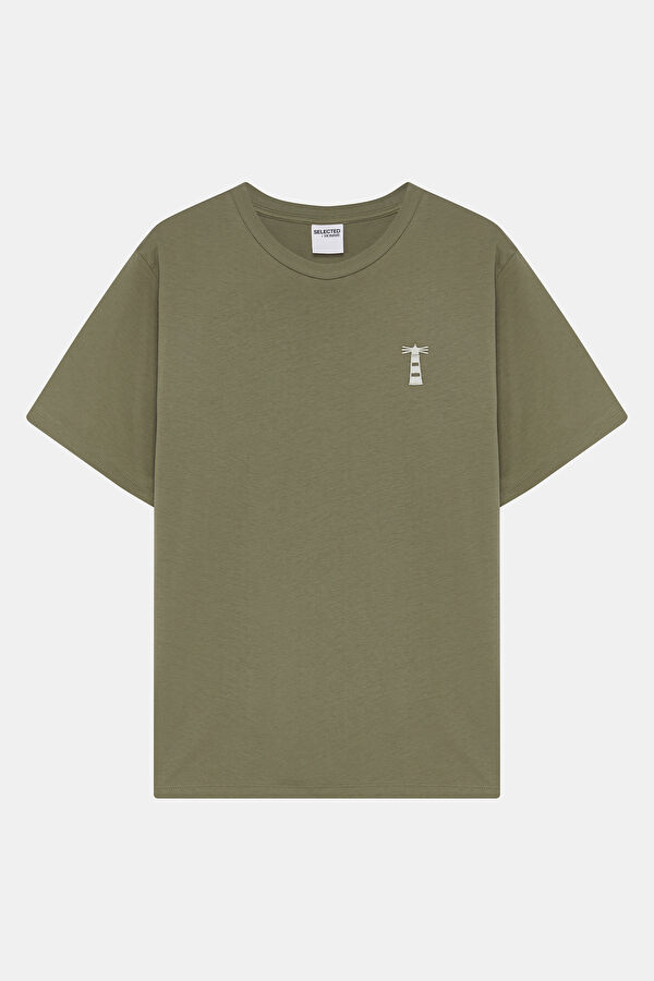 Khaki Crew Neck Embroidered Men's T-Shirt 4