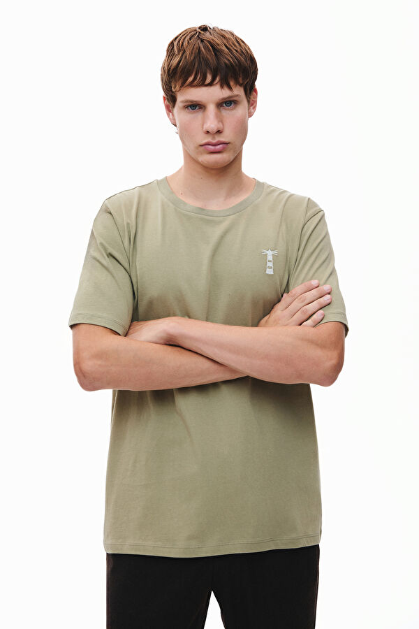 Khaki Crew Neck Embroidered Men's T-Shirt
