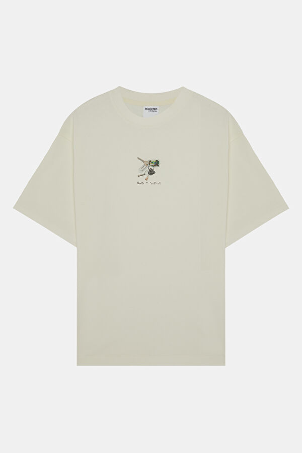 Krem Bisiklet Yaka Baskılı Erkek T-Shirt 3