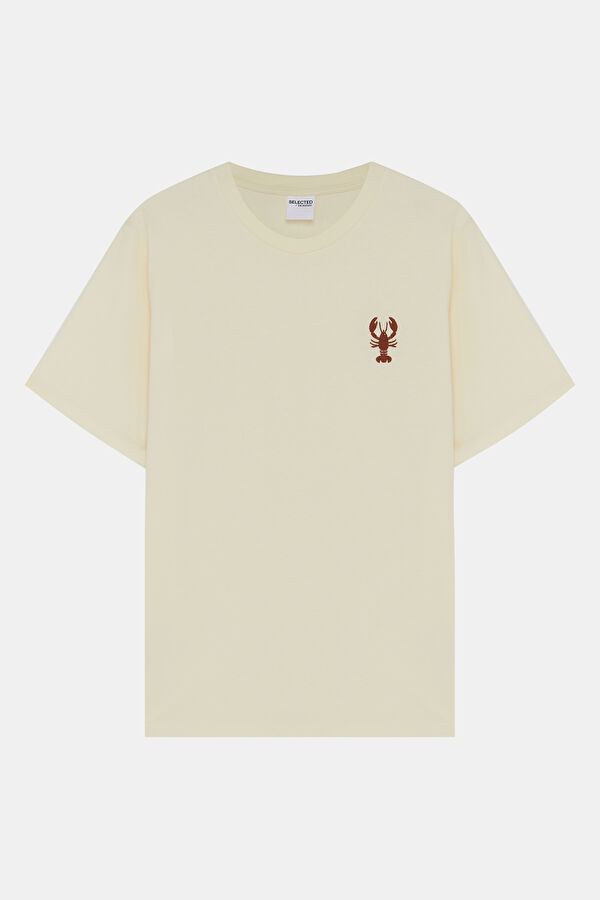 Krem Bisiklet Yaka Nakışlı Erkek T-Shirt