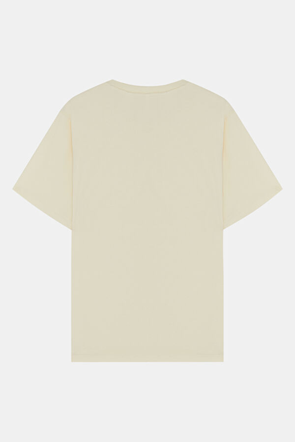 Krem Bisiklet Yaka Nakışlı Erkek T-Shirt 2