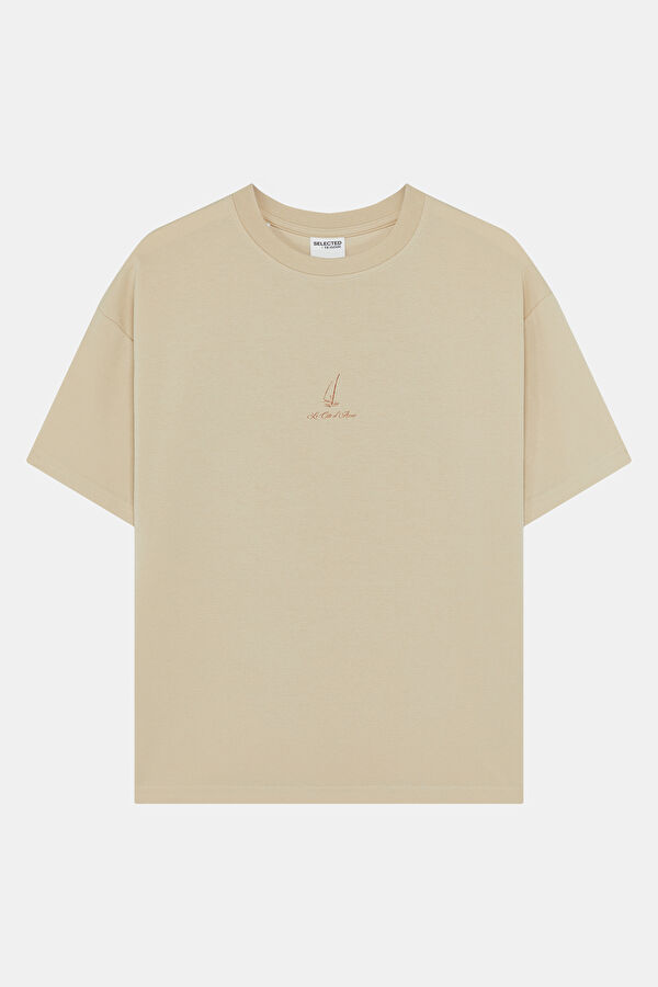 Krem Bisiklet Yaka Baskılı Erkek T-Shirt