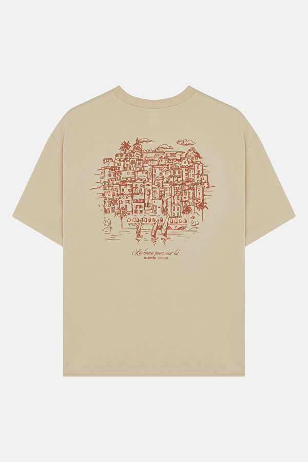 Krem Bisiklet Yaka Baskılı Erkek T-Shirt 2
