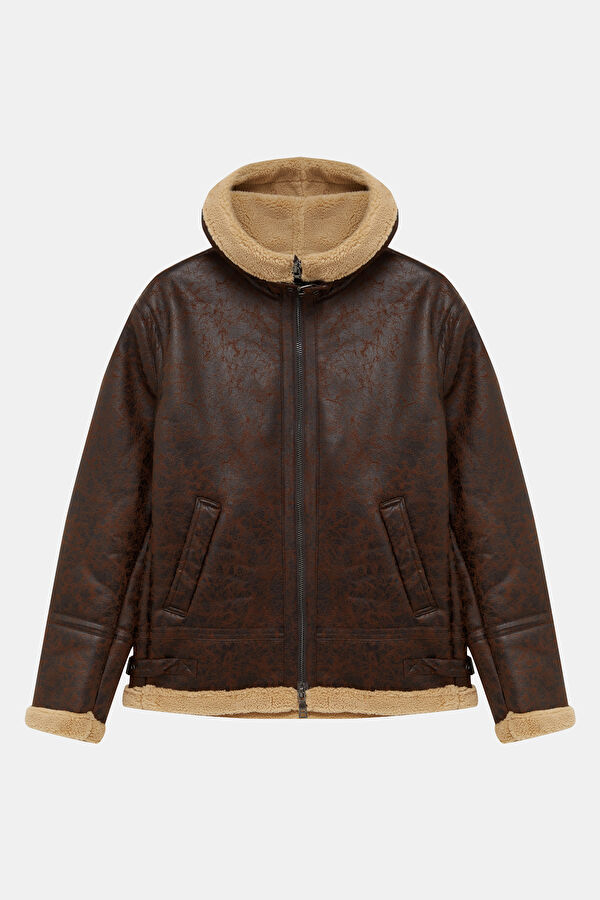 Brown Men's Faux Fur Collar Coat