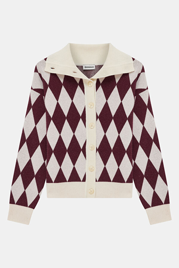 Ecru Diamond Pattern Viscose/Wool Knit Women's Cardigan 3