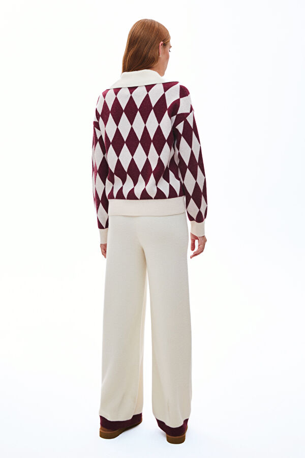 Ecru Diamond Pattern Viscose/Wool Knit Women's Cardigan 2