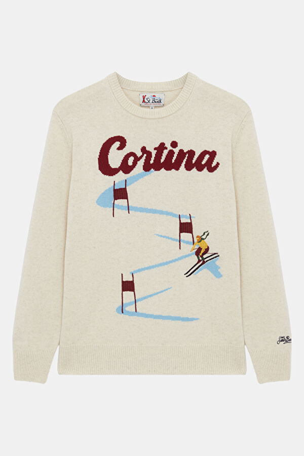 Cream Jacquard Viscose/Wool Knit Men's Sweater