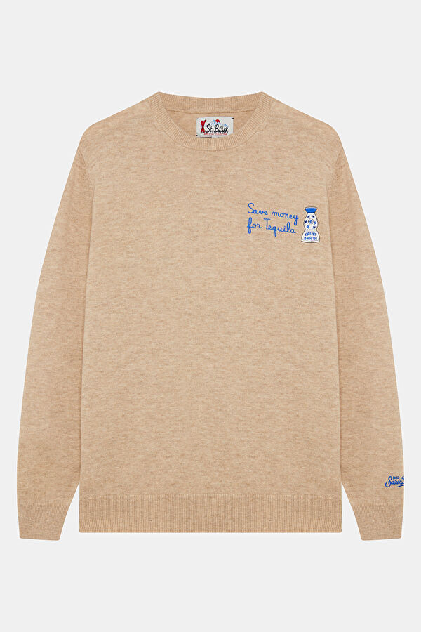 Beige Jacquard Wool Knit Men's Sweater