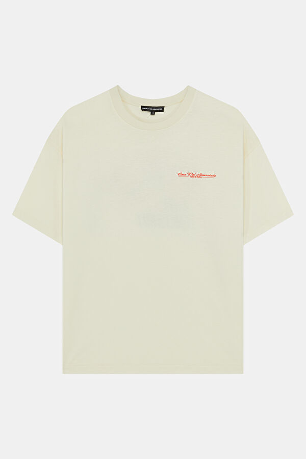 Relax Kalıp Krem Bisiklet Yaka Baskılı Erkek T-Shirt