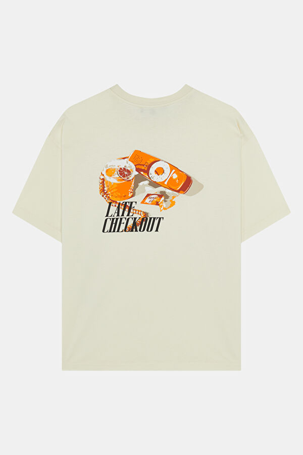 Relax Kalıp Krem Bisiklet Yaka Baskılı Erkek T-Shirt 2