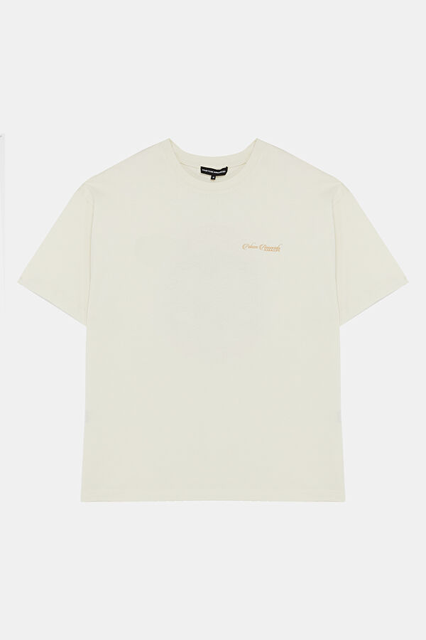 Relax Kalıp Krem Bisiklet Yaka Baskılı Erkek T-Shirt