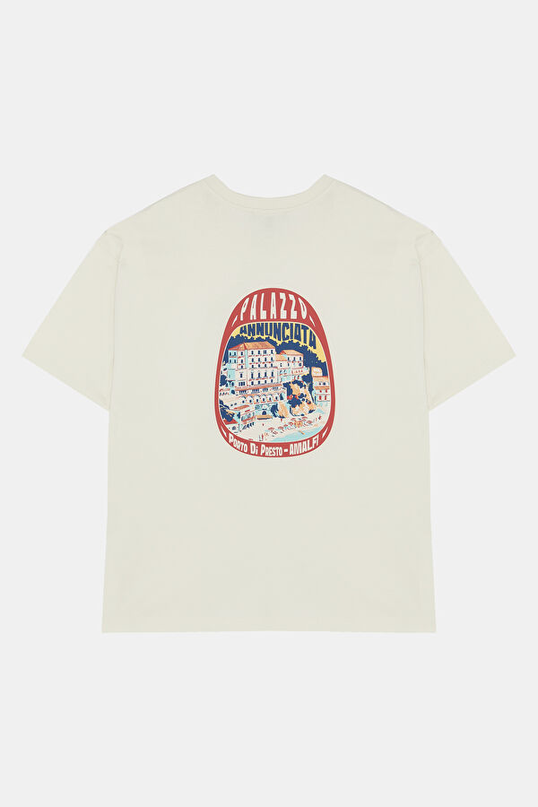 Relax Kalıp Krem Bisiklet Yaka Baskılı Erkek T-Shirt 2