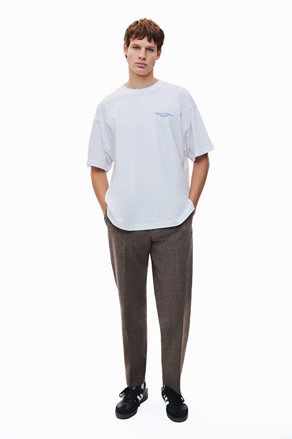 Relax Kalıp Beyaz Bisiklet Yaka Baskılı Erkek T-Shirt 3