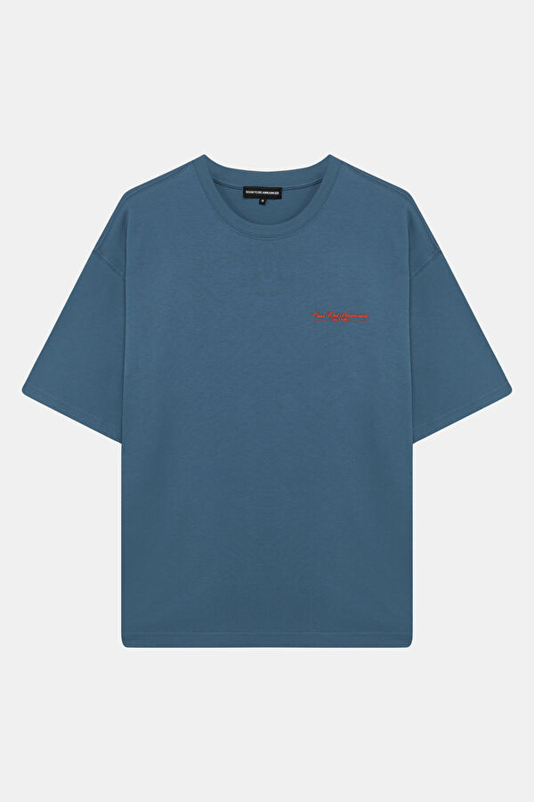 Relax Kalıp Lacivert Bisiklet Yaka Baskılı Erkek T-Shirt