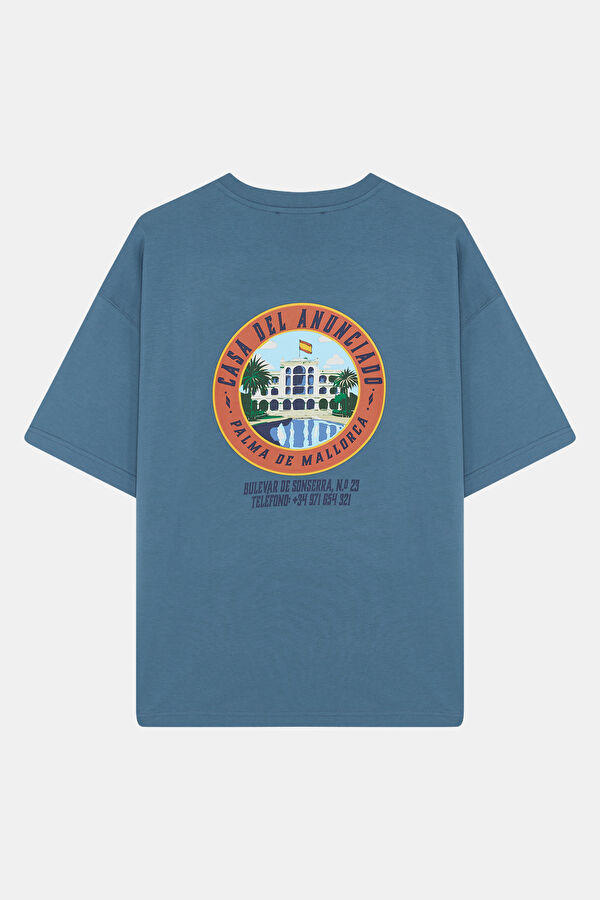 Relax Kalıp Lacivert Bisiklet Yaka Baskılı Erkek T-Shirt 2