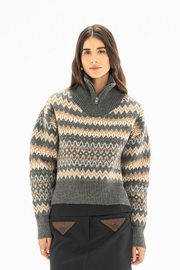 Black Patterned Knitted Women's Sweater
