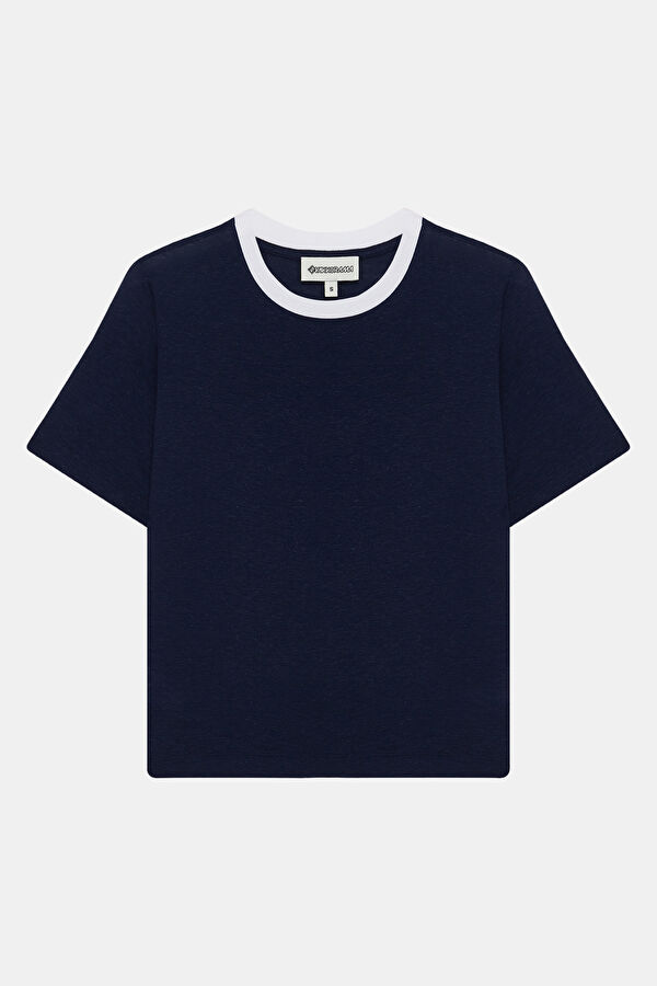 Navy Blue Crew Neck Linen Women's T-Shirt 3