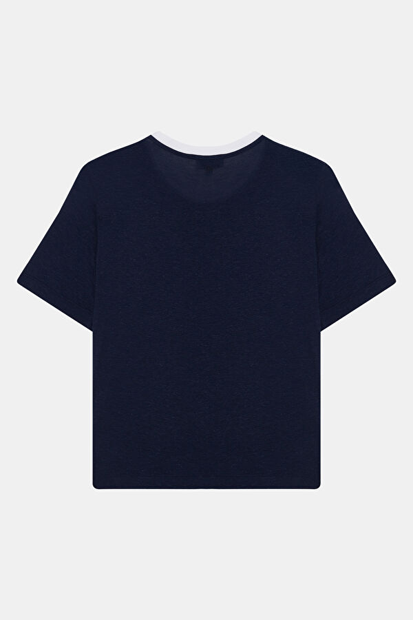 Navy Blue Crew Neck Linen Women's T-Shirt 4