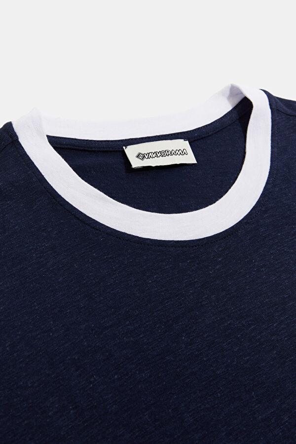 Navy Blue Crew Neck Linen Women's T-Shirt 5