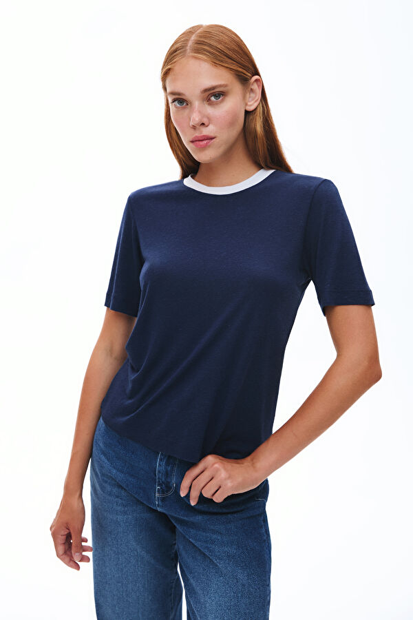 Navy Blue Crew Neck Linen Women's T-Shirt