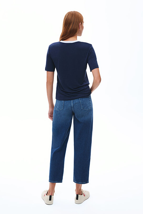 Navy Blue Crew Neck Linen Women's T-Shirt 2