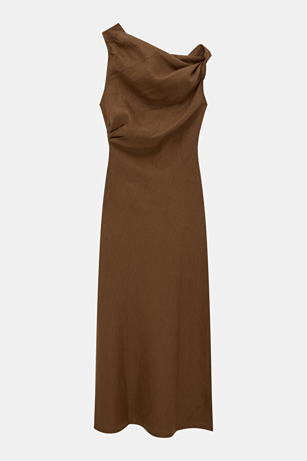 Brown Midi Linen Women's Dress