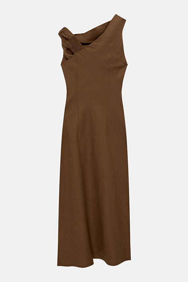 Brown Midi Linen Women's Dress 2